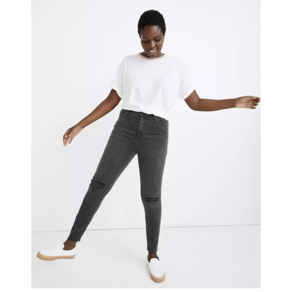 Madewell Black Jeans High Rise Skinny Size W36 Tall Distressed Curvy 9" Charoal